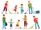 Family housework. Parents and kids clean up house, cleaning with vacuum cleaner and wash floor cartoon vector