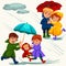 Family husband and wife walking rain with umbrella in hands, raindrops dripping into puddles, dad and mom holding baby