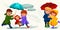 Family husband and wife walking rain with umbrella in hands, raindrops dripping into puddles, dad and mom holding baby