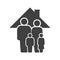 Family icon. Father, mother, son and daughter under the roof of the house. Vector on a white background.