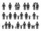 Family icons. Monochrome people group pictograms. Happy couples sign. Parents with children holding hands. Men and women