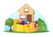 Family Income, Property Insurance, Mortgage Concept. Happy Family Characters front of Cottage with Piles of Huge Coins