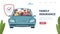 Family insurance landing page. Insurance banner with happy family in car. Cartoon parents with kids vector illustration