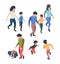 Family isometric. People father mother children playing walking happy parents garish vector persons