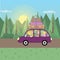 Family journey by car to nature. Father, mother, son-teen and little daughter go on a trip. Illustration in a cartoon style. Flat