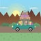 Family journey by car to nature. Father, mother, son-teen and little daughter go on a trip. Illustration in a cartoon style. Flat