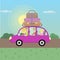 Family journey by car to nature. Father, mother, son-teen and little daughter go on a trip. Illustration in a cartoon style. Flat