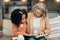 Family kid, book and grandmother reading fantasy storybook, story or bonding on home living room sofa. Love, grandma