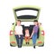 Family with Kid Sitting in Open Car Trunk Taking Picture Vector Illustration