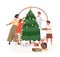 Family with kids decorating Xmas tree. Happy mother, father, children preparing festive decoration, Christmas fir for