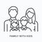 Family with kids flat line icon. Vector outline illustration of parent. Black thin linear pictogram wife, husband and