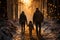 Family with kids walking in the woods in wintertime. Beautiful sunset in snowy winter forest. Spending quality time together,