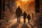 Family with kids walking in the woods in wintertime. Beautiful sunset in snowy winter forest. Spending quality time together,