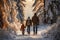 Family with kids walking in the woods in wintertime. Beautiful sunset in snowy winter forest. Spending quality time together,