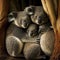 A family of koalas snuggling in the branches of a eucalyptus tree