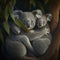 A family of koalas snuggling in the branches of a eucalyptus tree