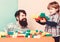 Family leisure. Father son game. Father and son create constructions. Bearded man and son play together. Every dad and
