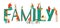 Family letters banner with tiny family members figures, children, mother, father and baby among big letters flat vector