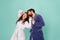 Family life. Happy family blue background. Family of husband and wife have fun. Bearded man and sexy woman in bathrobes