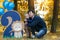 Family life. Portrait of father and his son the Park. Birthday of a two year old boy. Decor with the number two with lion and