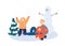 Family making snowman flat vector illustration. Young father spending time with little kids cartoon characters. Funny