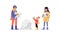 Family of man, woman and child making snowman flat vector illustration isolated.