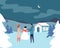 Family with man and woman making snowman on snow landscape background. Modern people holiday design for xmas season. Merry