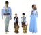 Family Mannequins in national traditional balkanic, moldavian, romanian costumes isolated over white