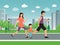 Family marathon outdoor activity vector illustration. Happy father, mother and child running in city park. Families with