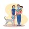 Family in medical protective masks. Mother and father, daughter and their dog. Vector illustration.