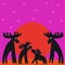 The family of moose at sunset looking at the stars