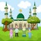 Family moslem standing in front of big Mosque