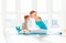 Family mother and child daughter are engaged in fitness, yoga at