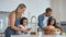 Family, mother and father with girls in kitchen, rinse vegetables and bonding. Love, mama and dad with daughters, child