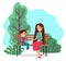 Family Mother and Son Sitting on Bench Vector