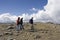 Family mountain hiking on the summit