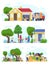 Family moving to countryside house, set of lifestyle scenes vector illustration