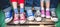 A family in multi-colored sneakers, children and parents, legs stand in a row in a boat