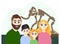 Family at the museum. The family is photographed against a mammoth. Flat characters.