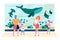 Family near Oceanarium Aquarium Glass Flat Vector