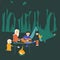 Family night picnic in forest. Cartoon vector illustration
