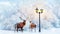 Family of noble deer in a fabulous Christmas forest on a background of snowy trees and a lantern. Composite image.