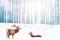 Family of noble deer in a snowy blue winter forest. Christmas fantasy image.