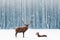 Family of noble deer in a snowy winter forest. Christmas fantasy image in blue and white color. Snowing