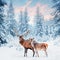 Family of noble deer in a snowy winter forest at sunset. Christmas fantasy image in blue and white color. Snowing.