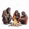 Family of orangutan monkeys sitting near the fire, close-up isolated