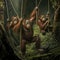 A family of orangutans swinging through the trees