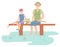 Family outdoor recreational activities, happy parent sitting with son and fishing, father and kid