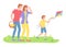 Family outdoor recreational activities, parents looking at son with flying kite, recreation time