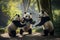 A Family of pandas playing and interacting with each other